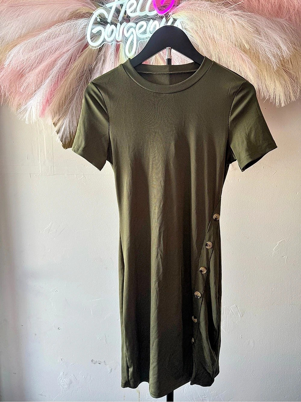SHEIN Button Detail Ribbed Knit Dress Green Medium